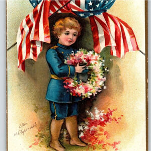 Memorial Decoration Day Postcard Ellen Clapsaddle Patriotic Boy Military Suit